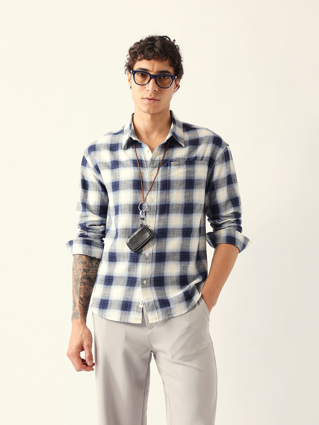 Blue & White Herringbone Check Relaxed Fit Overshirt