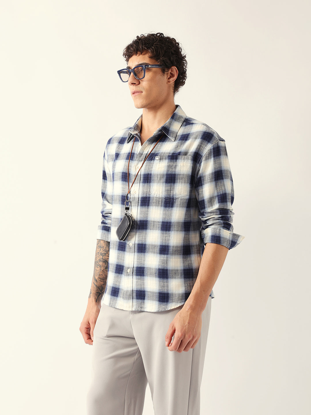 Blue & White Herringbone Check Relaxed Fit Overshirt