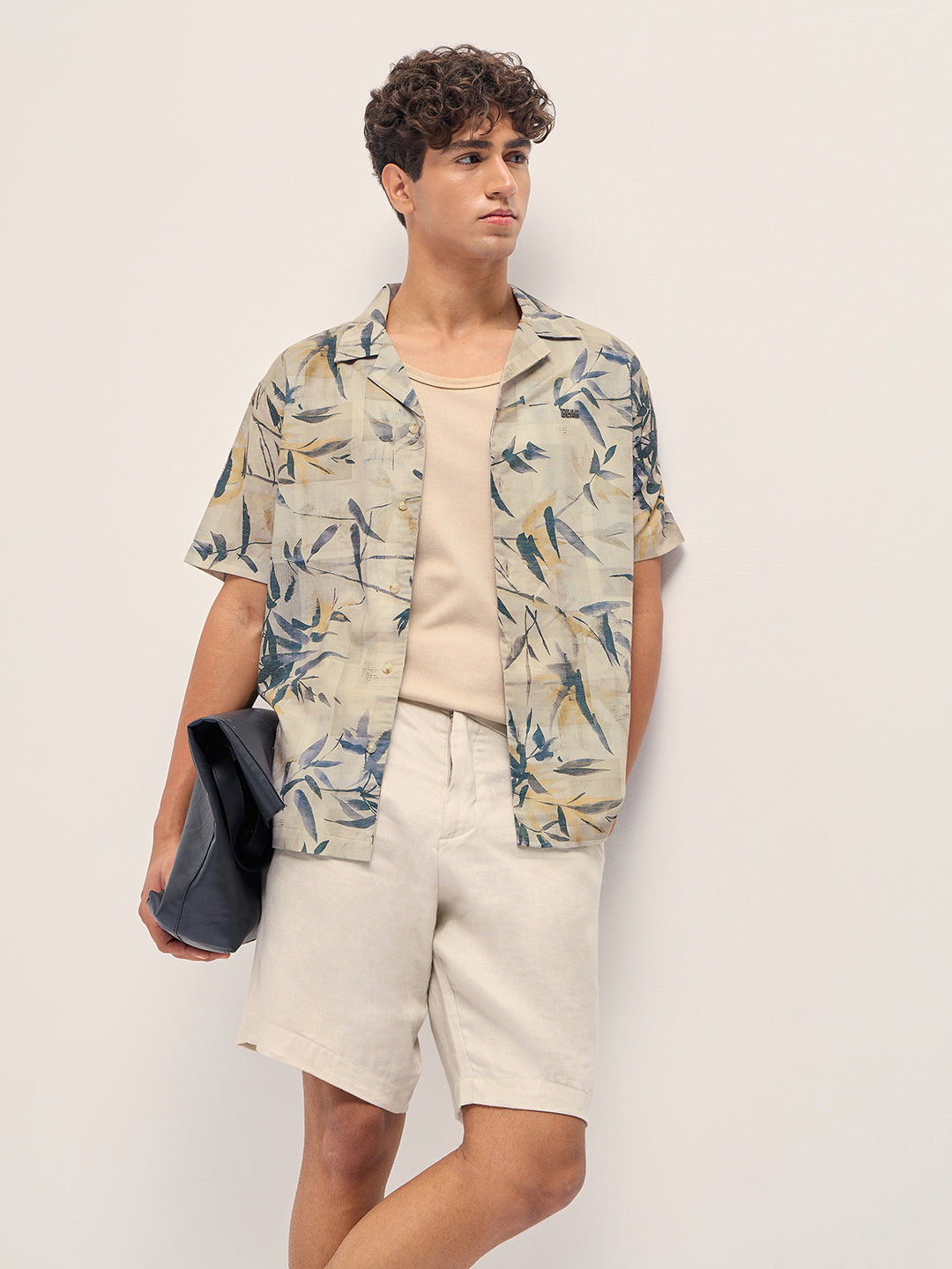 Multicolor Relaxed Fit Cuban Collar Shirt with Tropical Leaf Print
