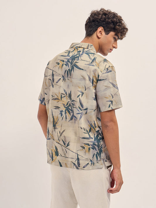 Multicolor Relaxed Fit Cuban Collar Shirt with Tropical Leaf Print