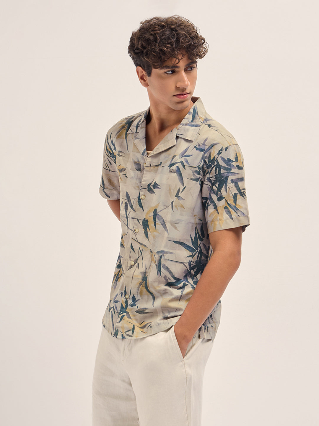 Multicolor Relaxed Fit Cuban Collar Shirt with Tropical Leaf Print