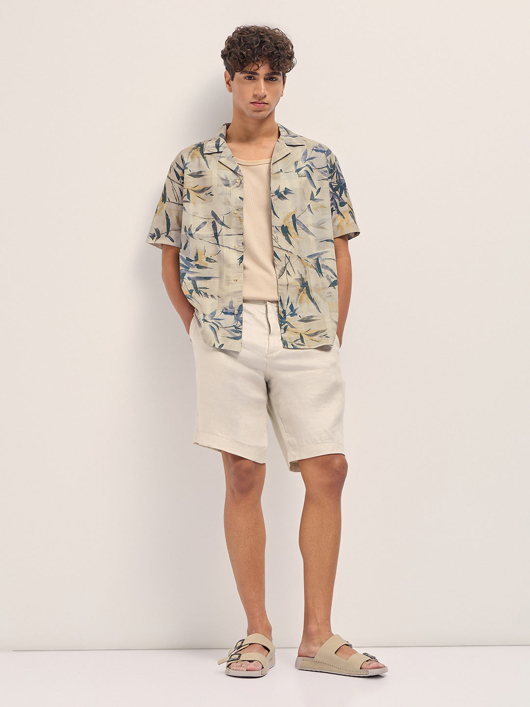Multicolor Relaxed Fit Cuban Collar Shirt with Tropical Leaf Print