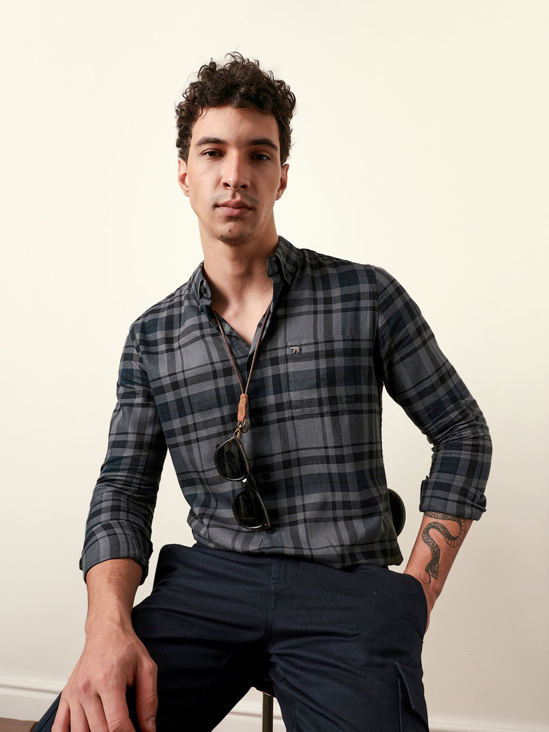 Grey Slim Fit Woven Check Casual Shirt