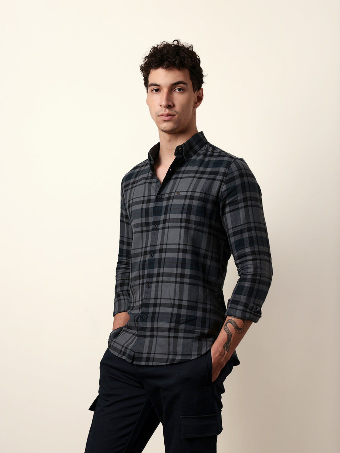 Grey Slim Fit Woven Check Casual Shirt
