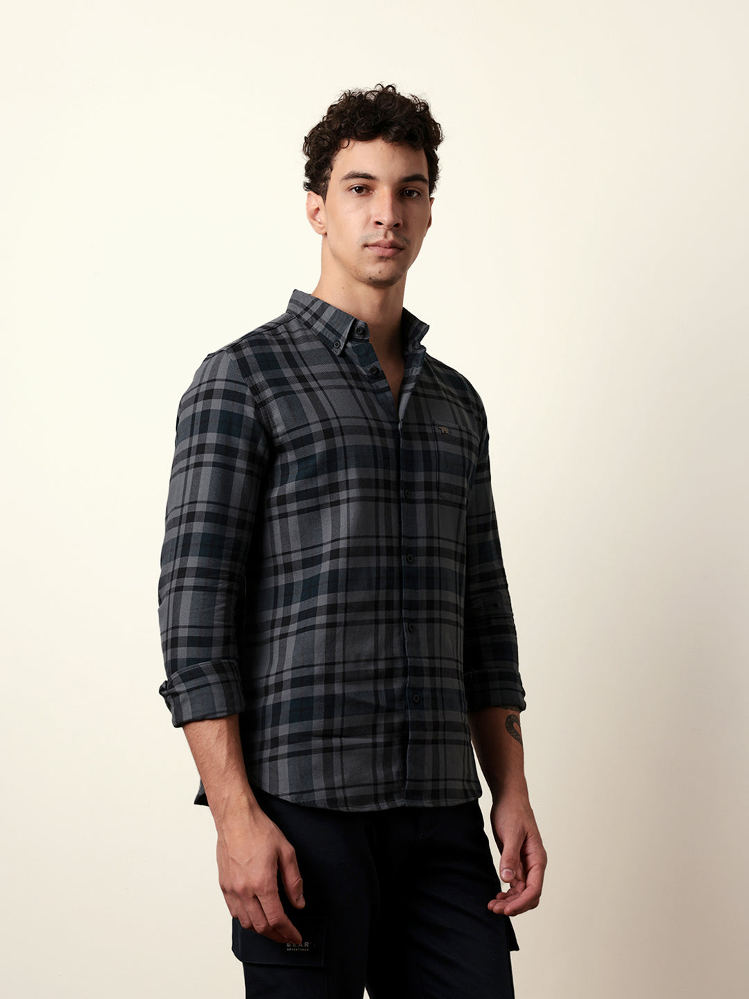 Grey Slim Fit Woven Check Casual Shirt