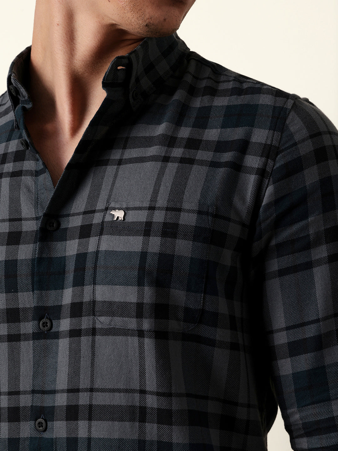 Grey Slim Fit Woven Check Casual Shirt
