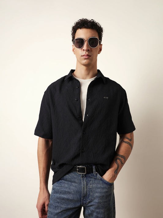 Black All-Over Textured Leaf Motif Oversized Shirt with Half Sleeves