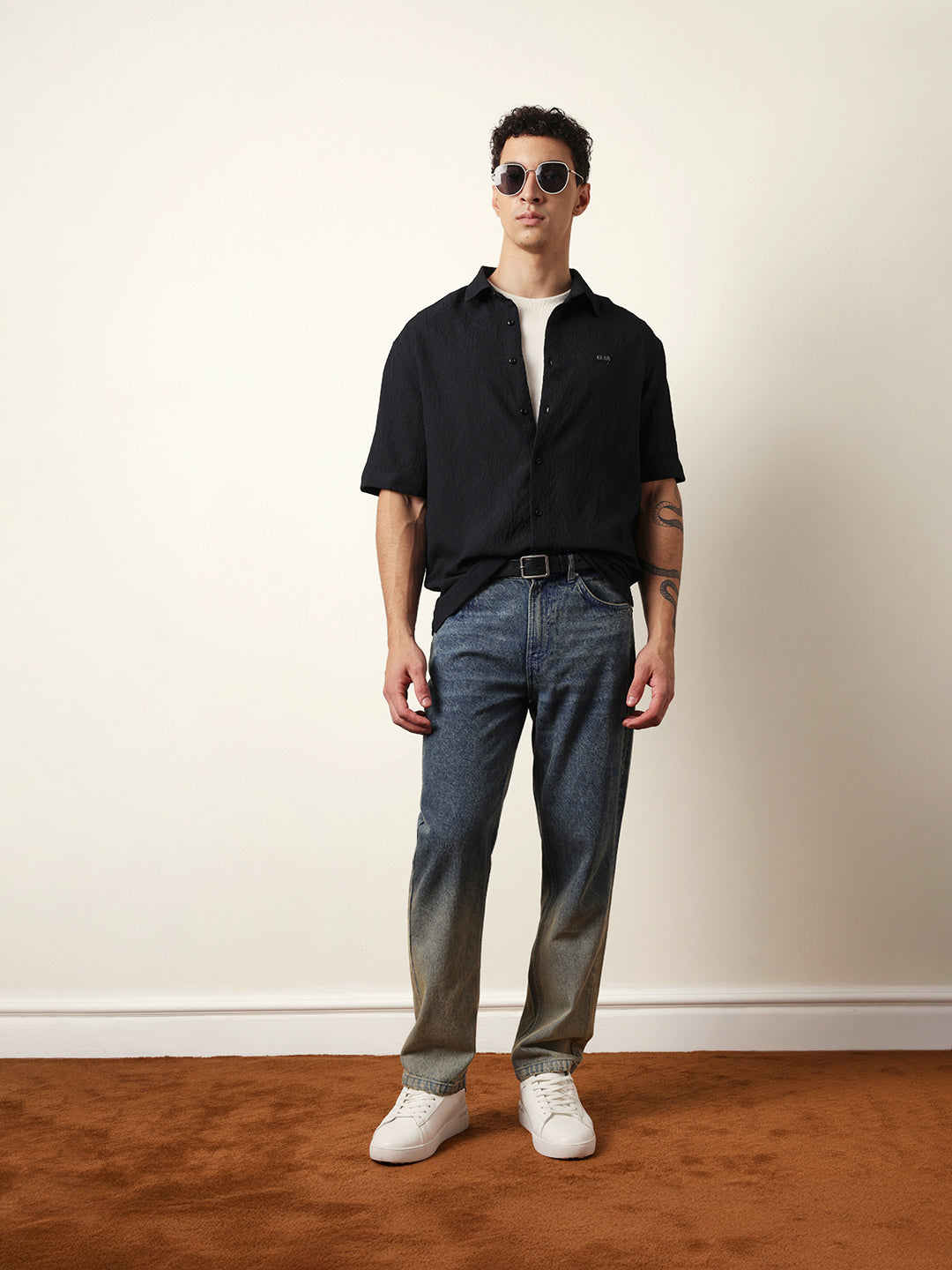 Black All-Over Textured Leaf Motif Oversized Shirt with Half Sleeves