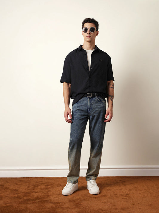 Black All-Over Textured Leaf Motif Oversized Shirt with Half Sleeves