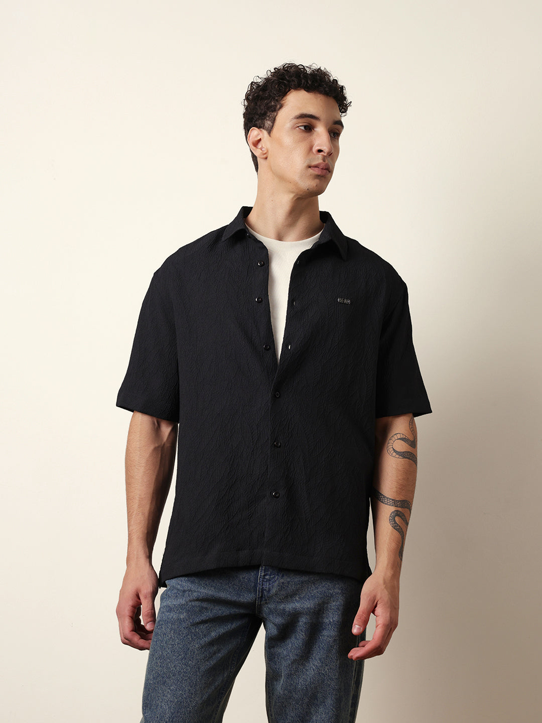 Black All-Over Textured Leaf Motif Oversized Shirt with Half Sleeves