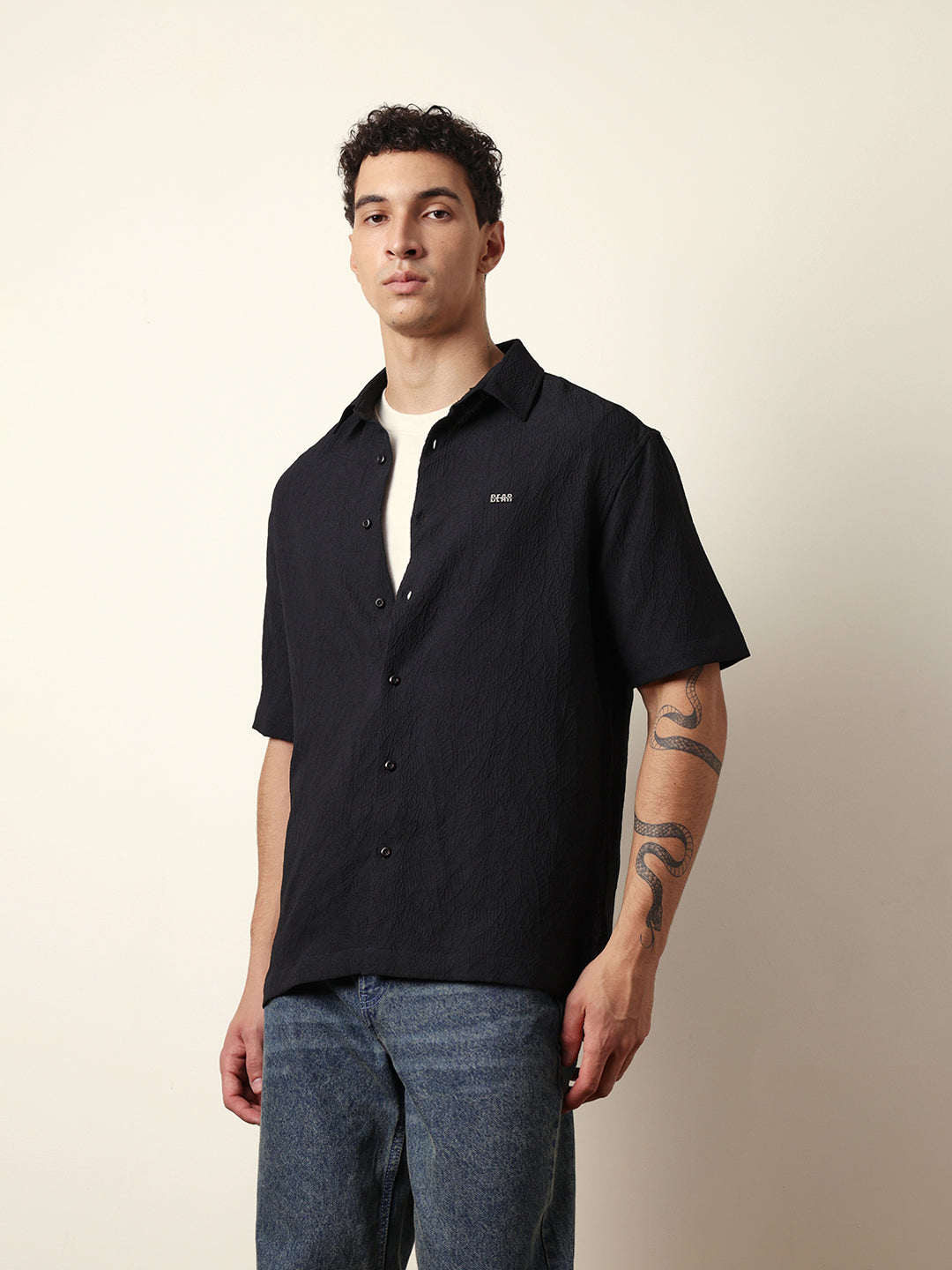 Black All-Over Textured Leaf Motif Oversized Shirt with Half Sleeves