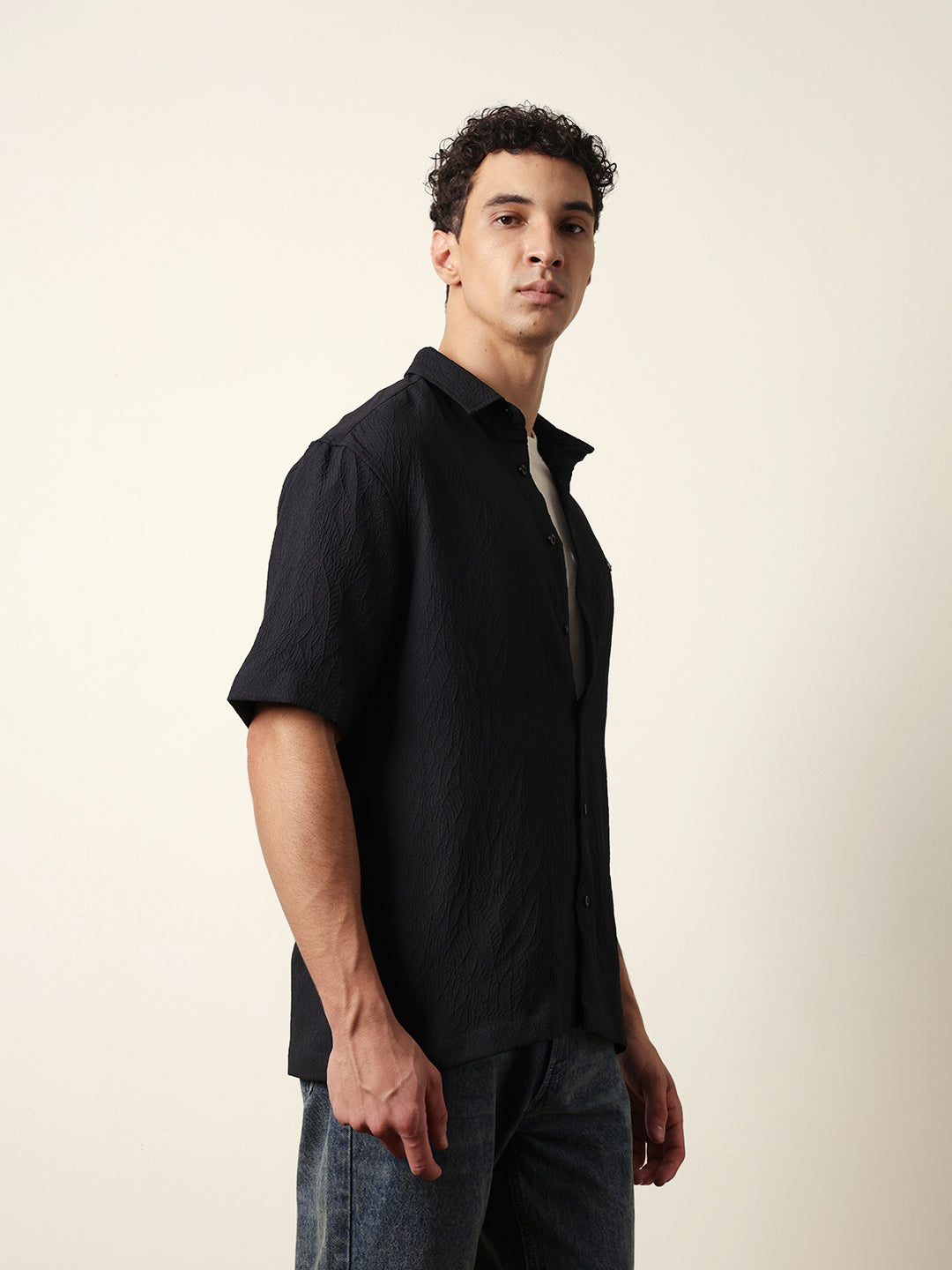 Black All-Over Textured Leaf Motif Oversized Shirt with Half Sleeves