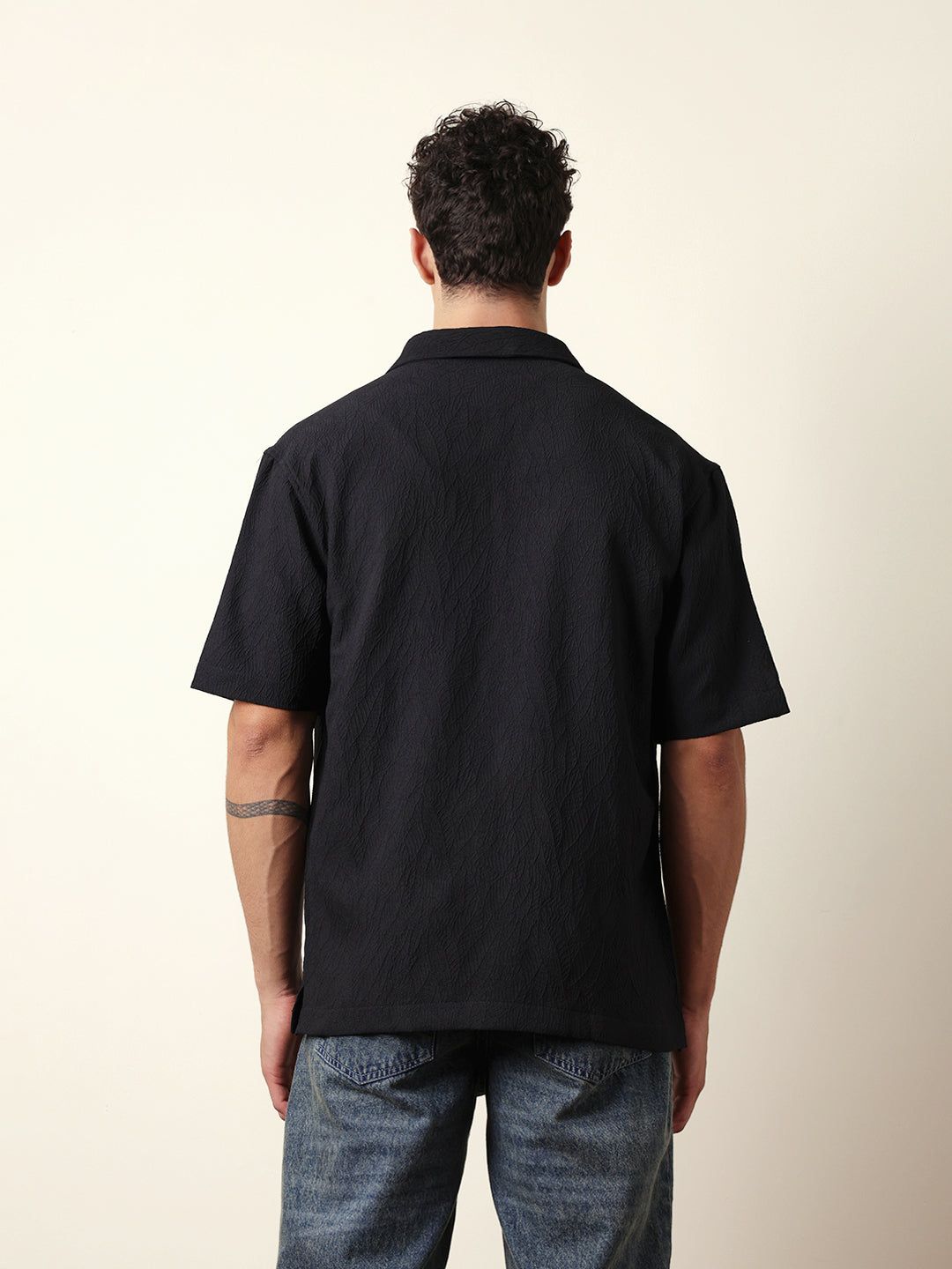 Black All-Over Textured Leaf Motif Oversized Shirt with Half Sleeves