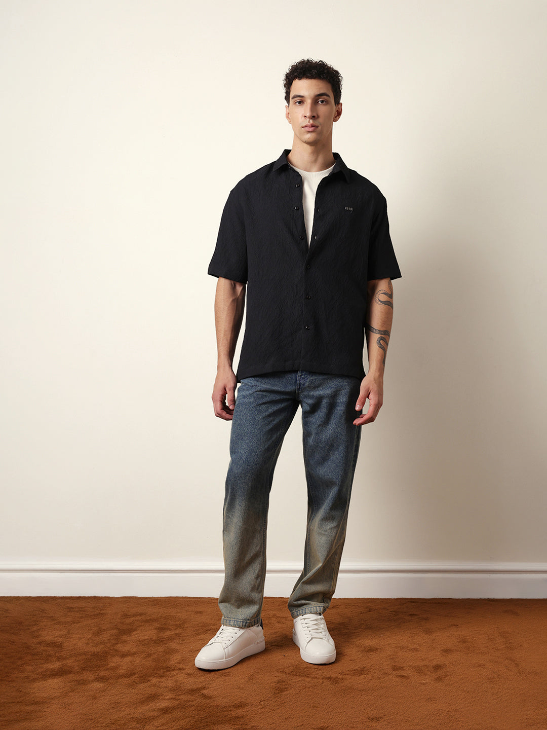Black All-Over Textured Leaf Motif Oversized Shirt with Half Sleeves