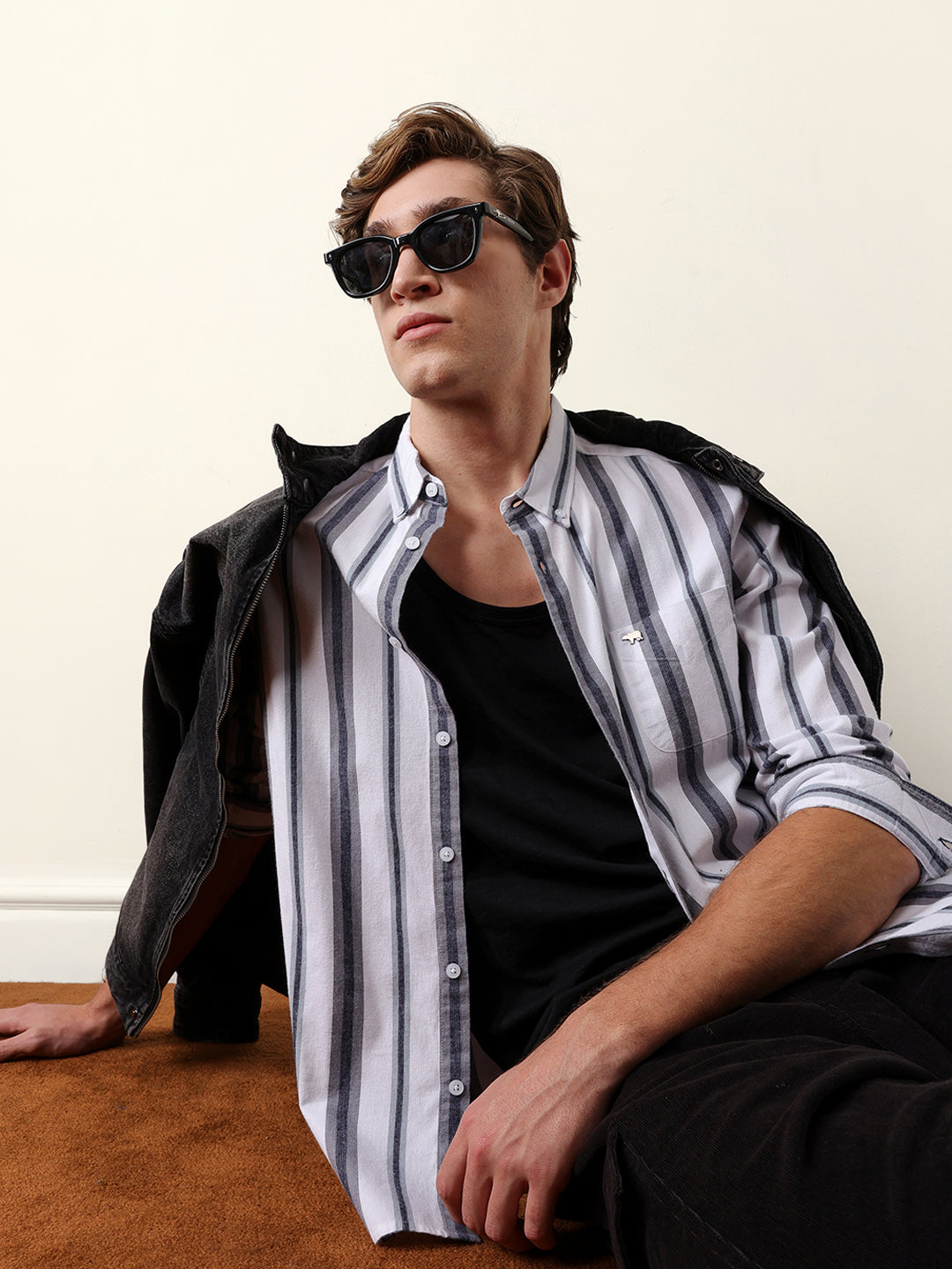 White & Grey Vertical Stripes Slim Fit Cotton Casual Shirt