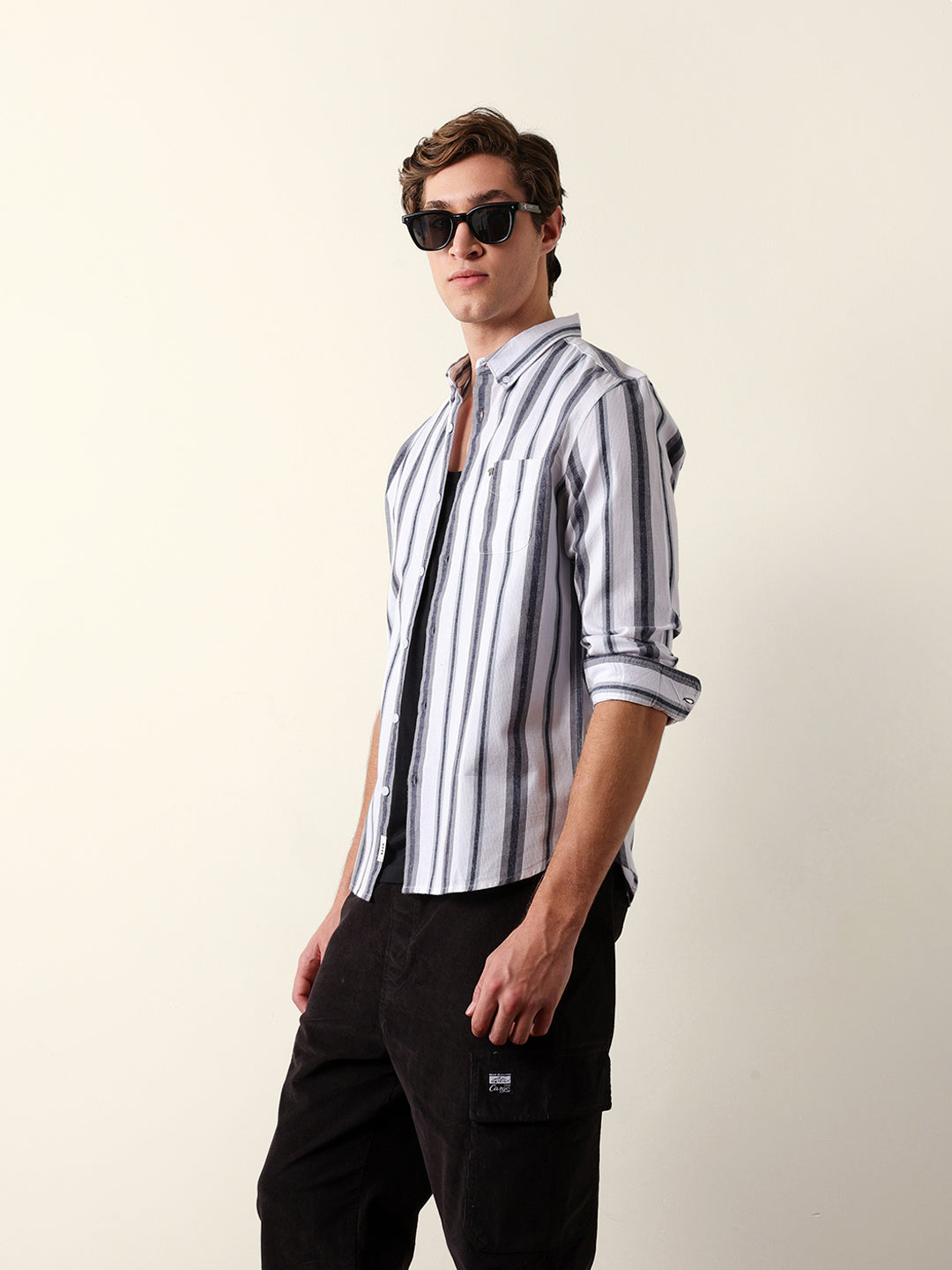 White & Grey Vertical Stripes Slim Fit Cotton Casual Shirt
