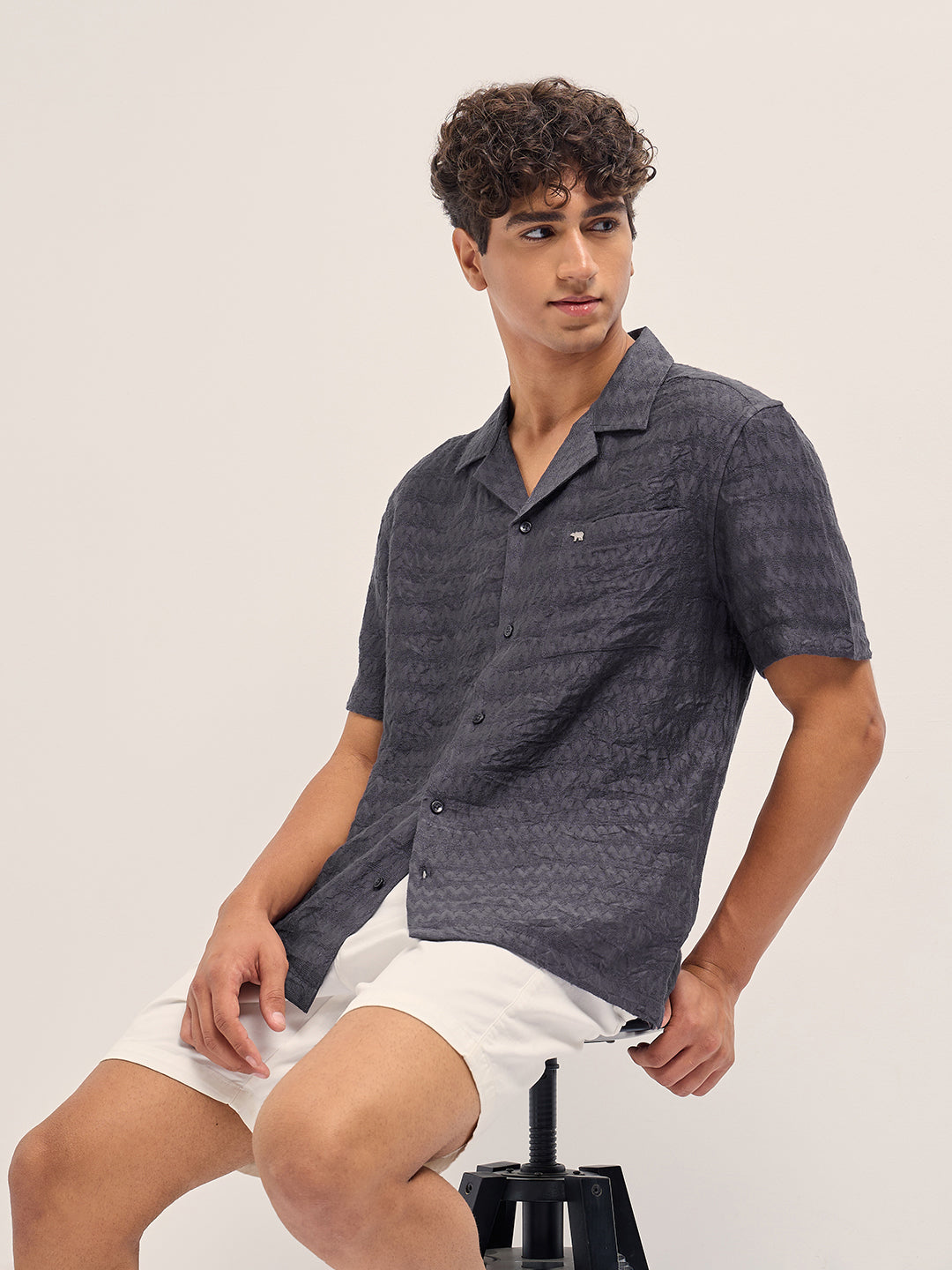 Grey Zigzag Textured Weave Relaxed Fit Half Sleeve Casual Shirt
