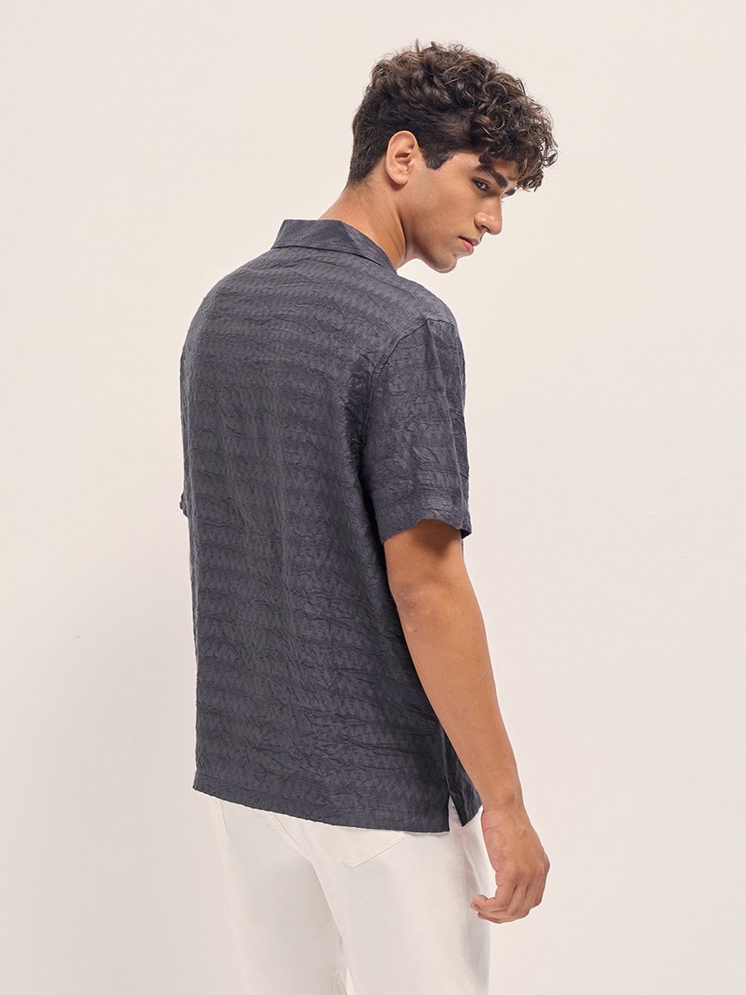 Grey Zigzag Textured Weave Relaxed Fit Half Sleeve Casual Shirt