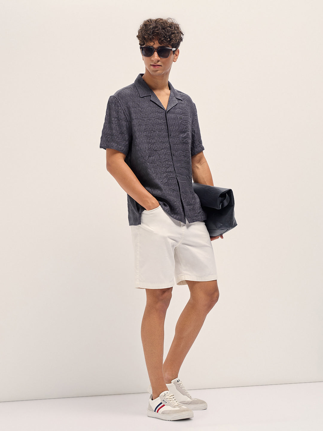 Grey Zigzag Textured Weave Relaxed Fit Half Sleeve Casual Shirt