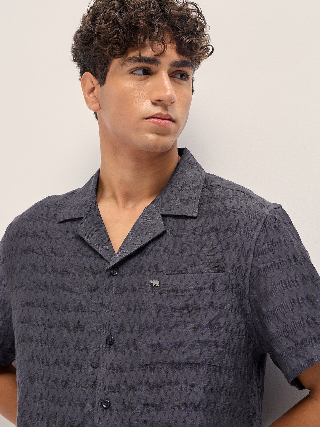 Grey Zigzag Textured Weave Relaxed Fit Half Sleeve Casual Shirt