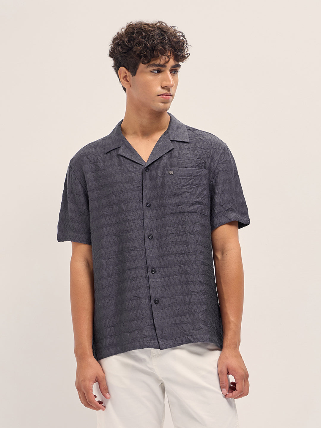 Grey Zigzag Textured Weave Relaxed Fit Half Sleeve Casual Shirt