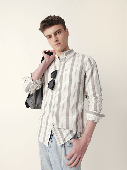 Cream with Brown Woven Vertical Stripes Slim Fit Casual Shirt