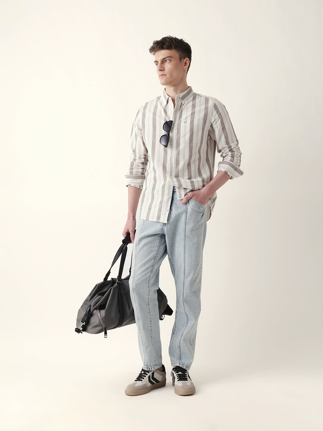 Cream with Brown Woven Vertical Stripes Slim Fit Casual Shirt