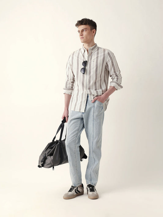 Cream with Brown Woven Vertical Stripes Slim Fit Casual Shirt