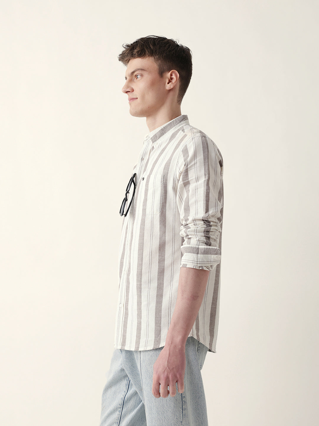 Cream with Brown Woven Vertical Stripes Slim Fit Casual Shirt