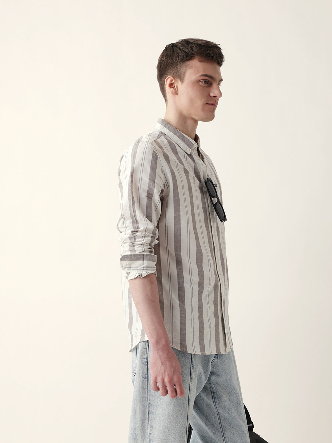 Cream with Brown Woven Vertical Stripes Slim Fit Casual Shirt