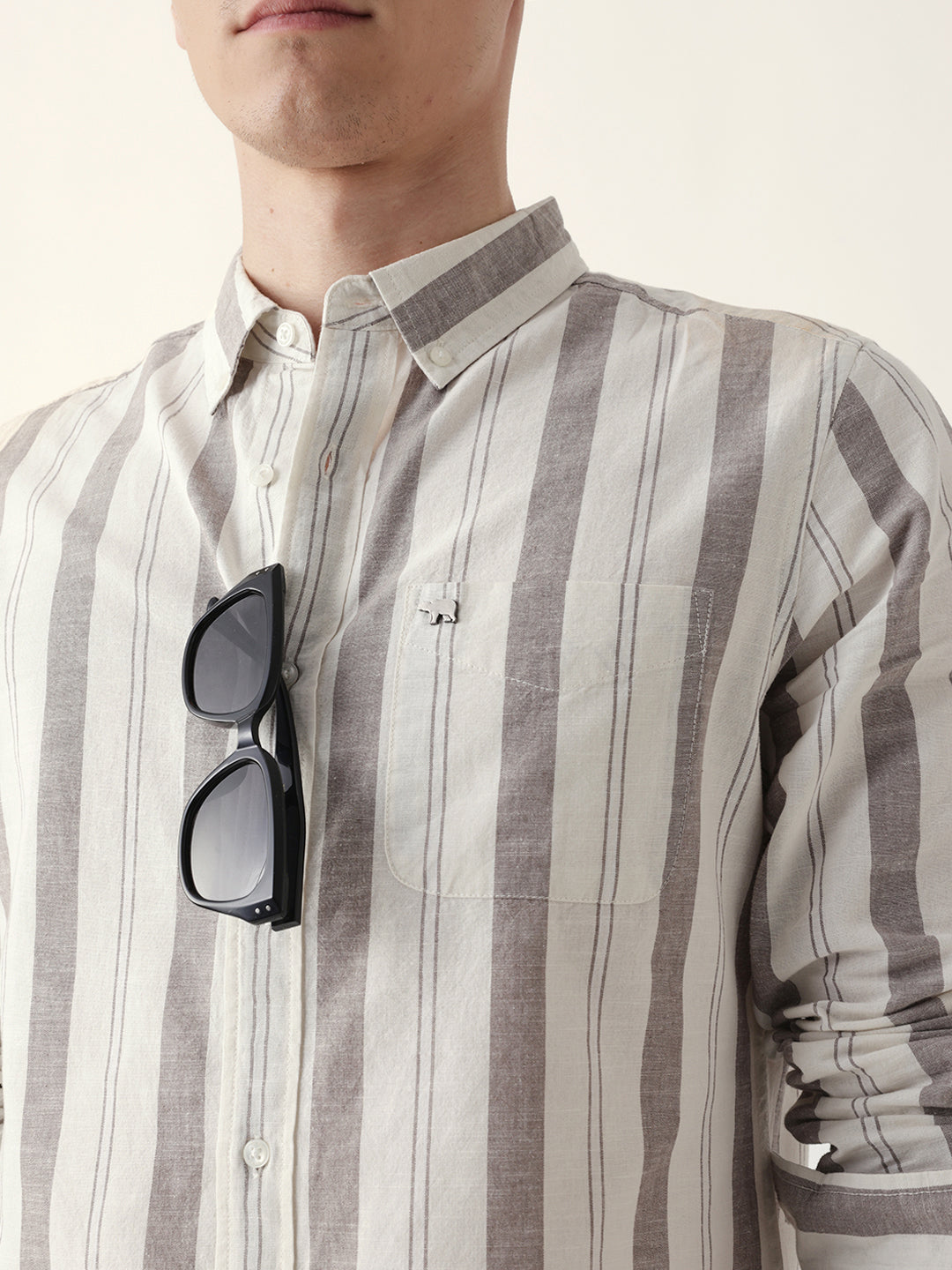 Cream with Brown Woven Vertical Stripes Slim Fit Casual Shirt