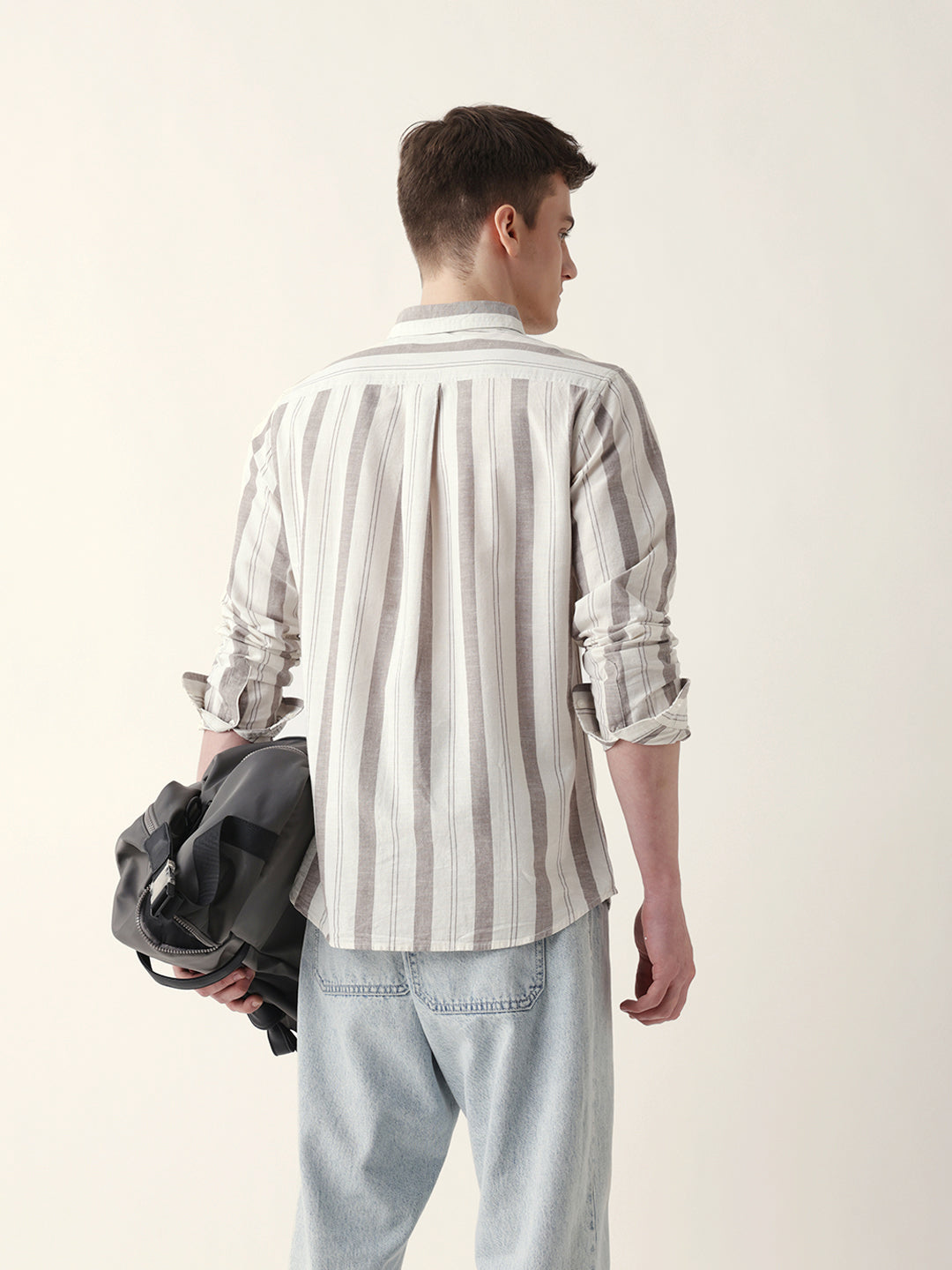 Cream with Brown Woven Vertical Stripes Slim Fit Casual Shirt