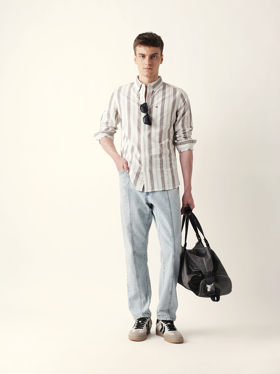 Cream with Brown Woven Vertical Stripes Slim Fit Casual Shirt