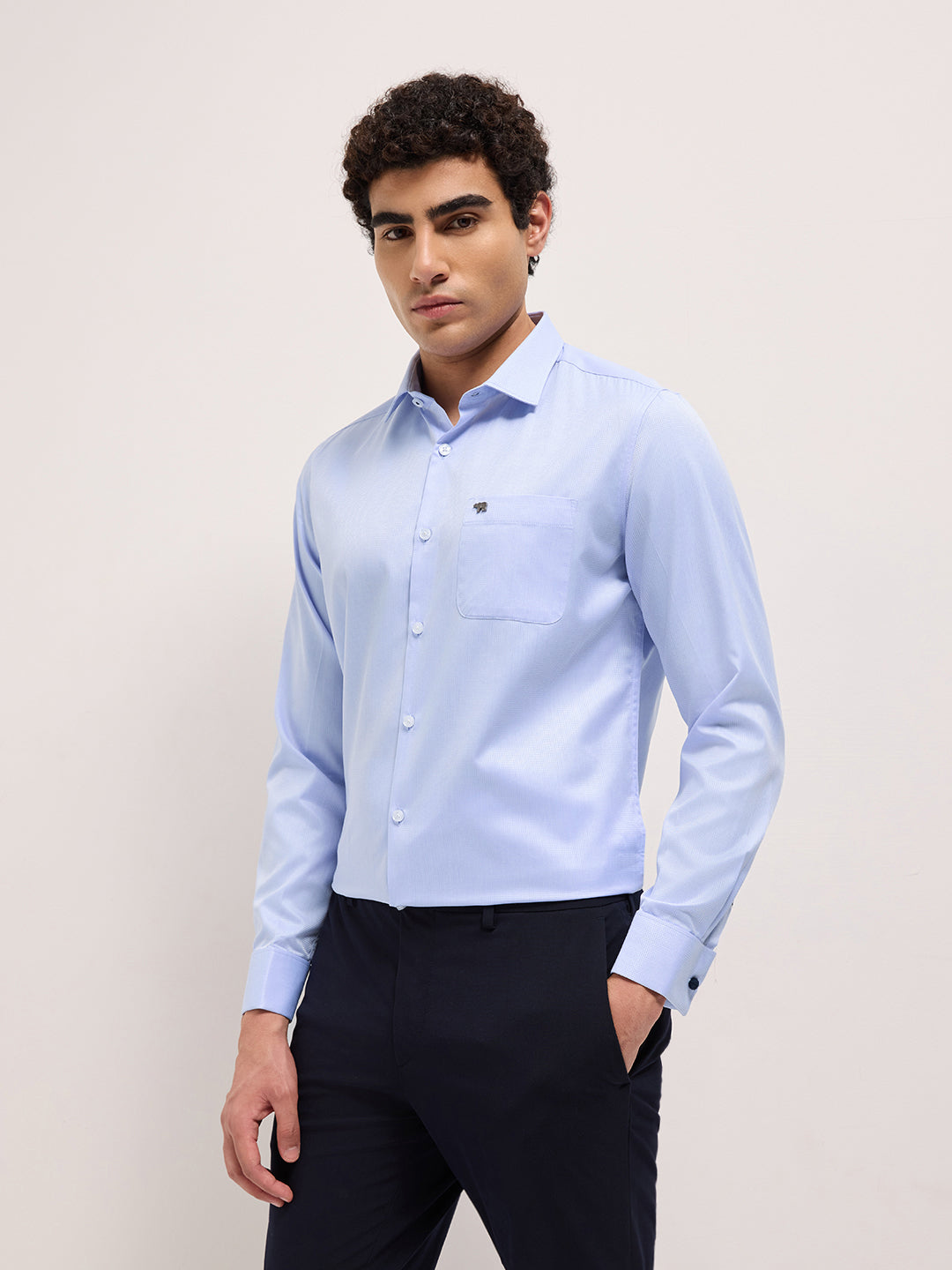 Blue Woven Micro Check Tailored Fit Formal Shirt with French Cuffs