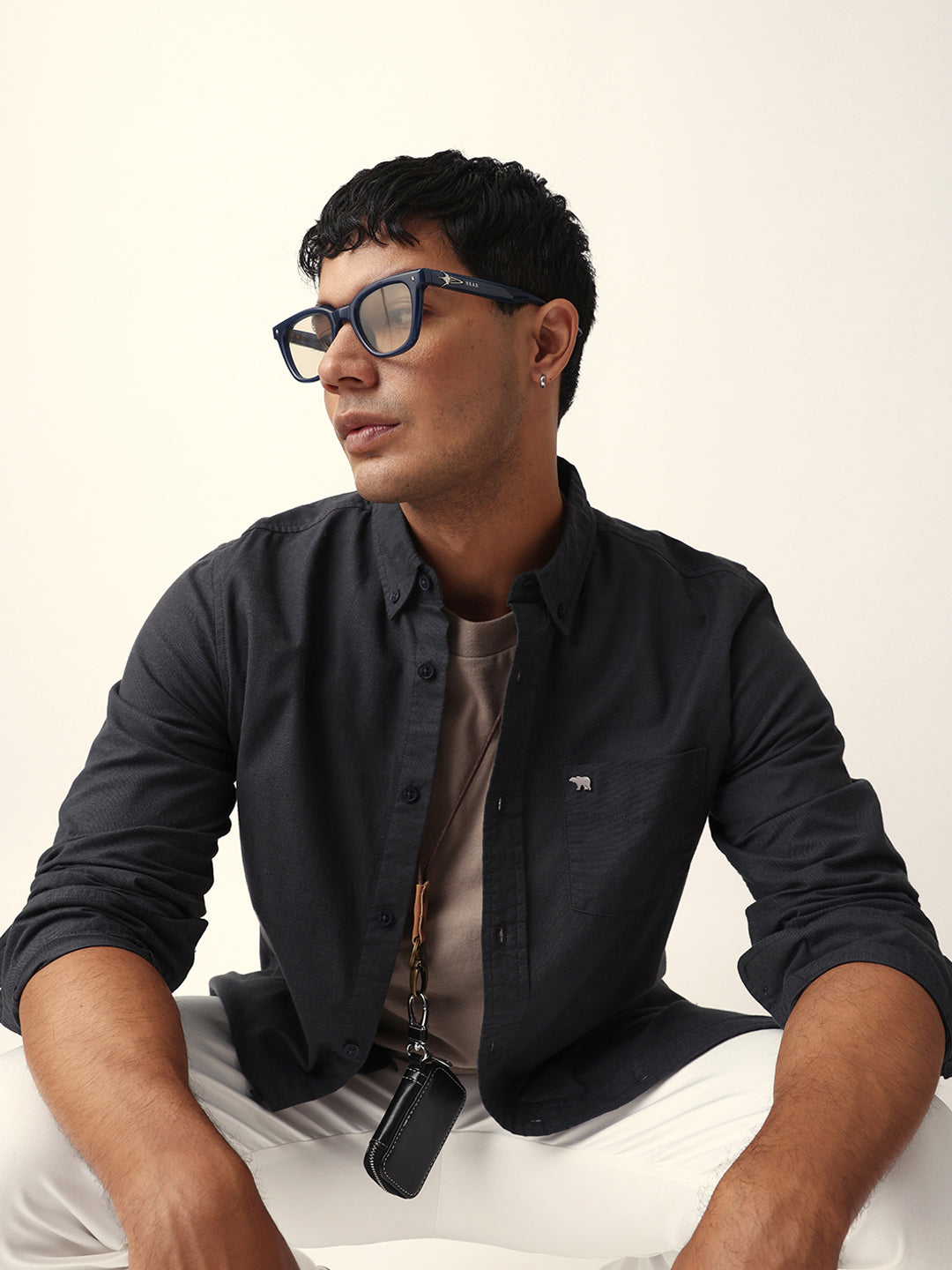 Black Solid Slim-Fit Casual Shirt with Button-Down Collar