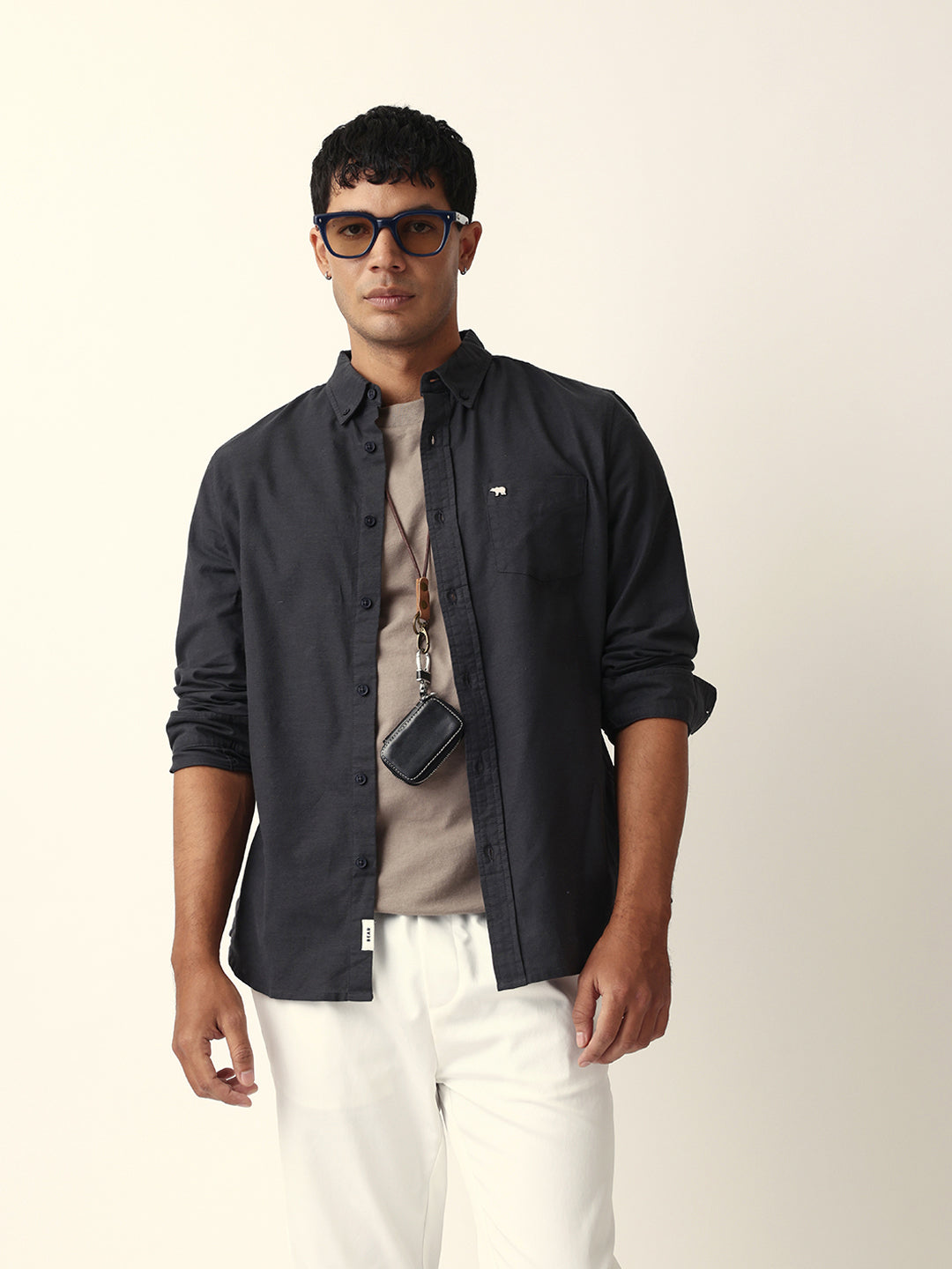 Black Solid Slim-Fit Casual Shirt with Button-Down Collar