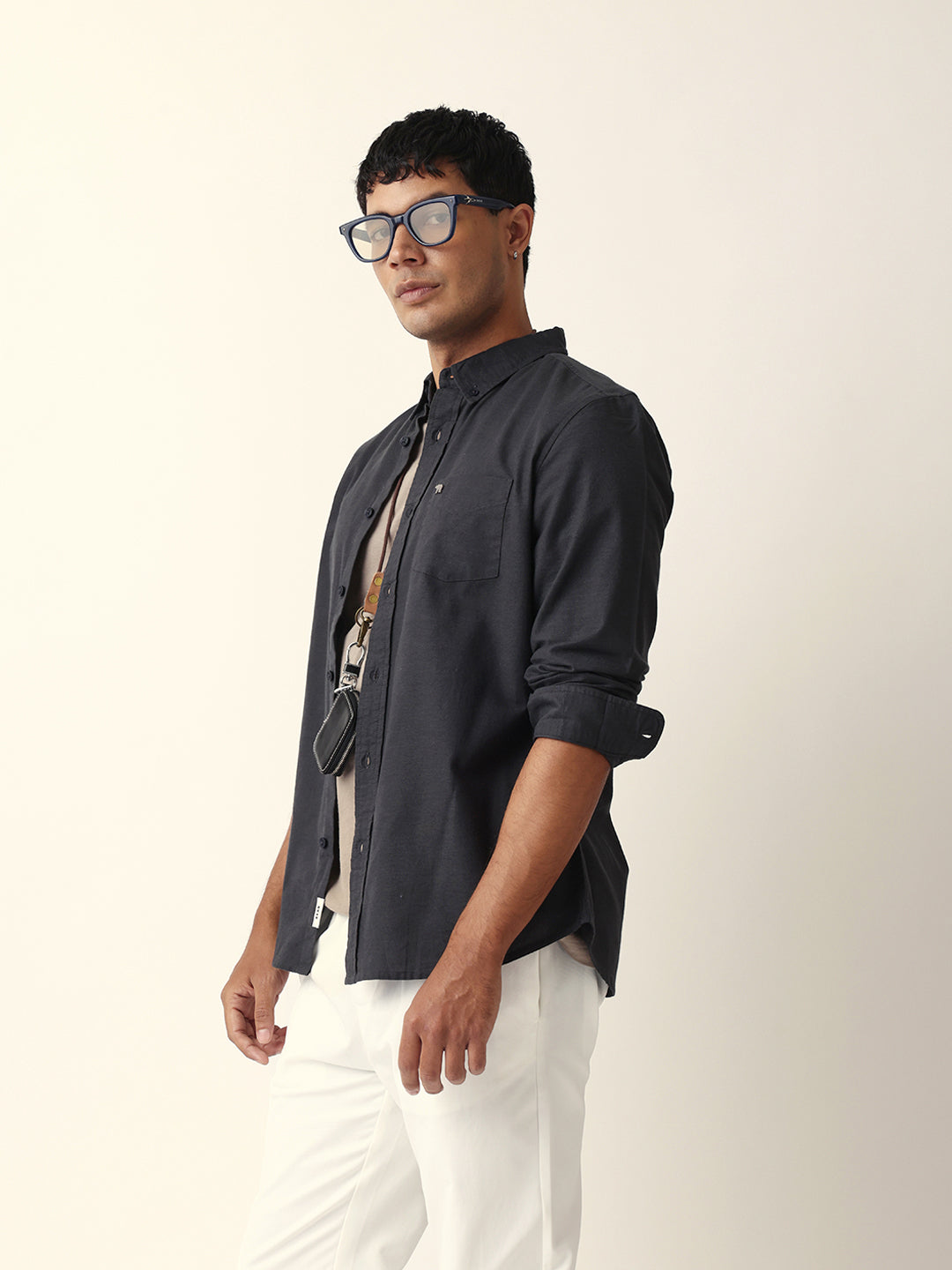 Black Solid Slim-Fit Casual Shirt with Button-Down Collar