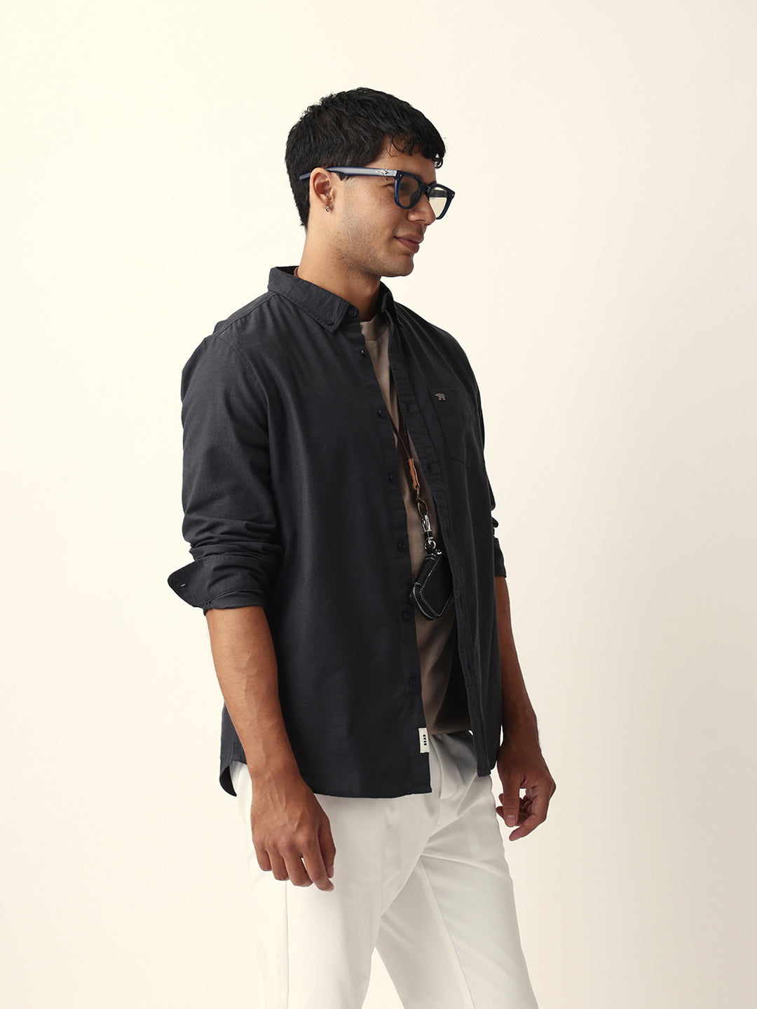 Black Solid Slim-Fit Casual Shirt with Button-Down Collar