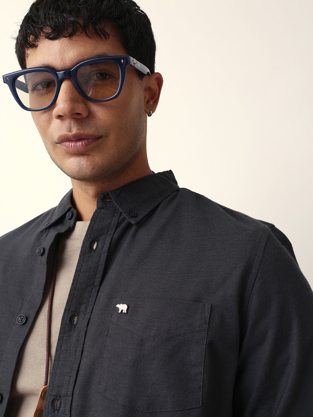 Black Solid Slim-Fit Casual Shirt with Button-Down Collar