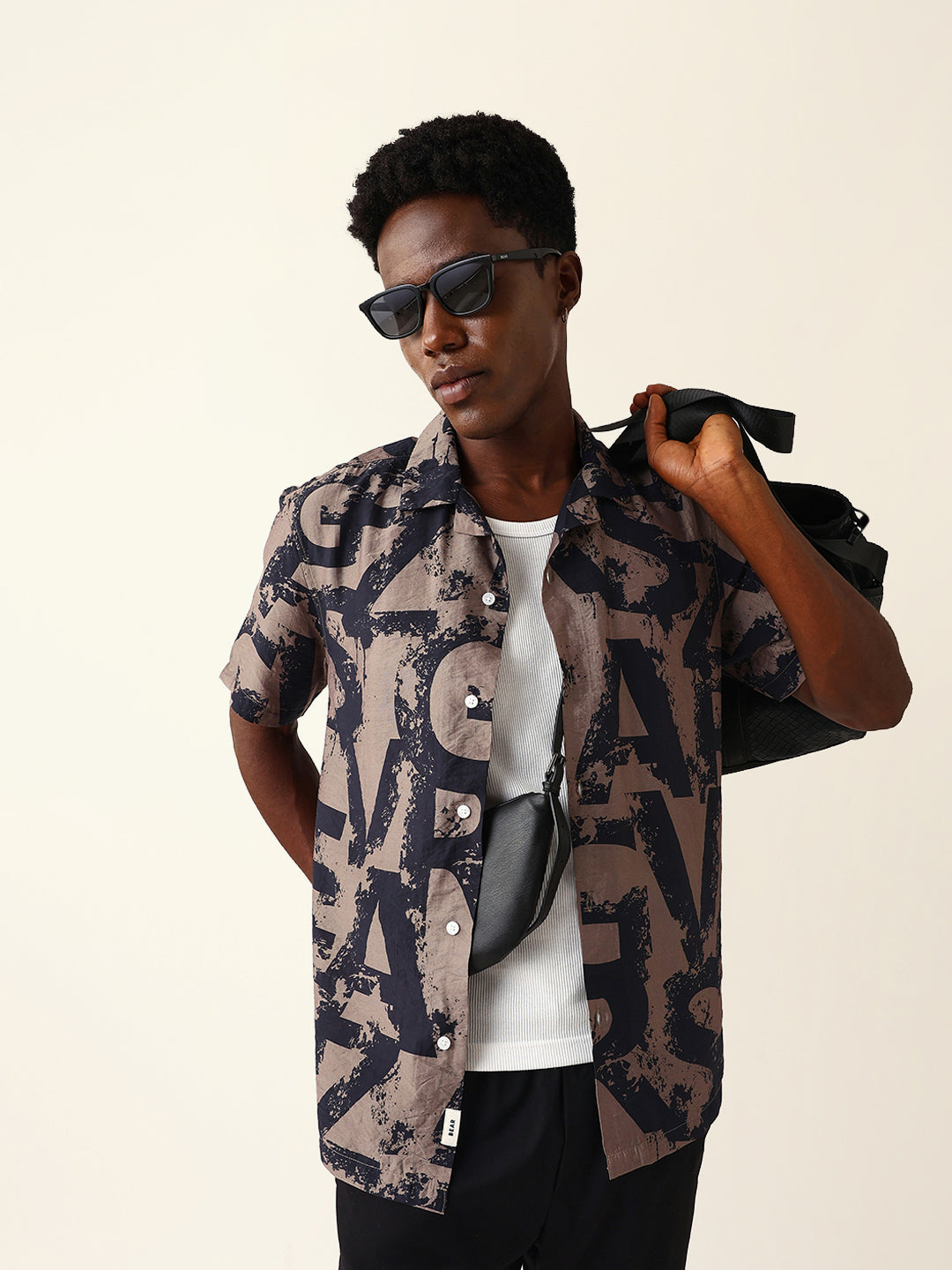 Black & Brown Bold Typographic Print Cuban Collar Relaxed Fit Casual Shirt