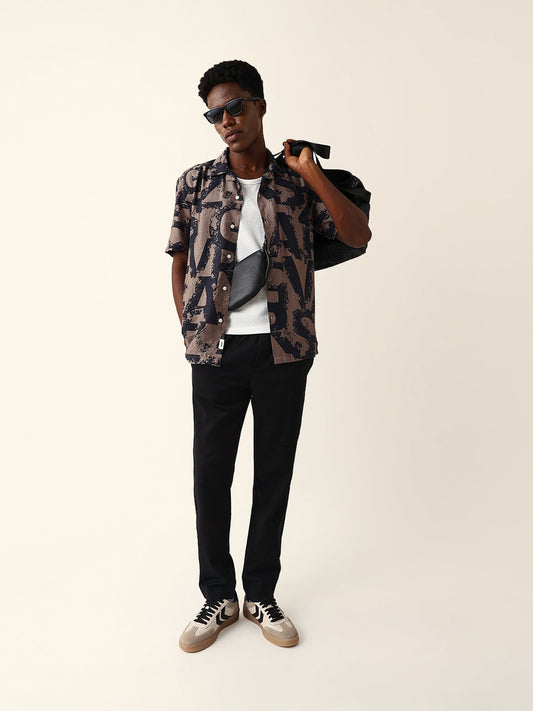 Black & Brown Bold Typographic Print Cuban Collar Relaxed Fit Casual Shirt