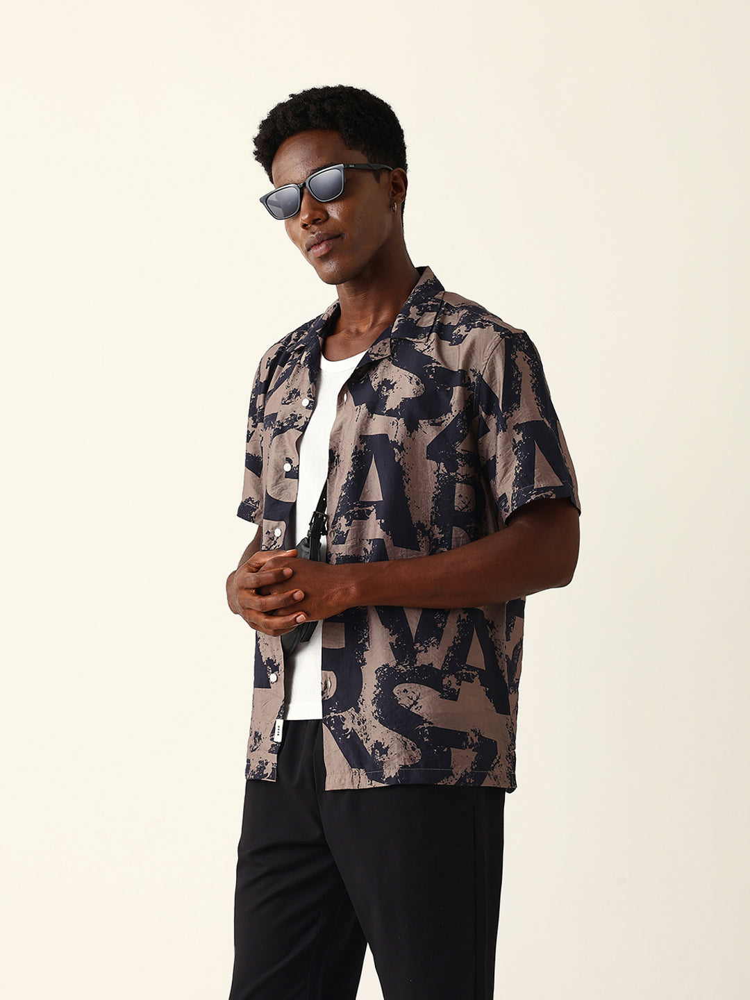 Black & Brown Bold Typographic Print Cuban Collar Relaxed Fit Casual Shirt