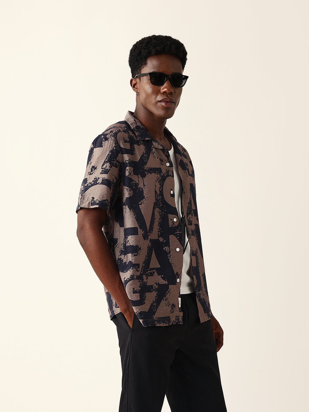 Black & Brown Bold Typographic Print Cuban Collar Relaxed Fit Casual Shirt
