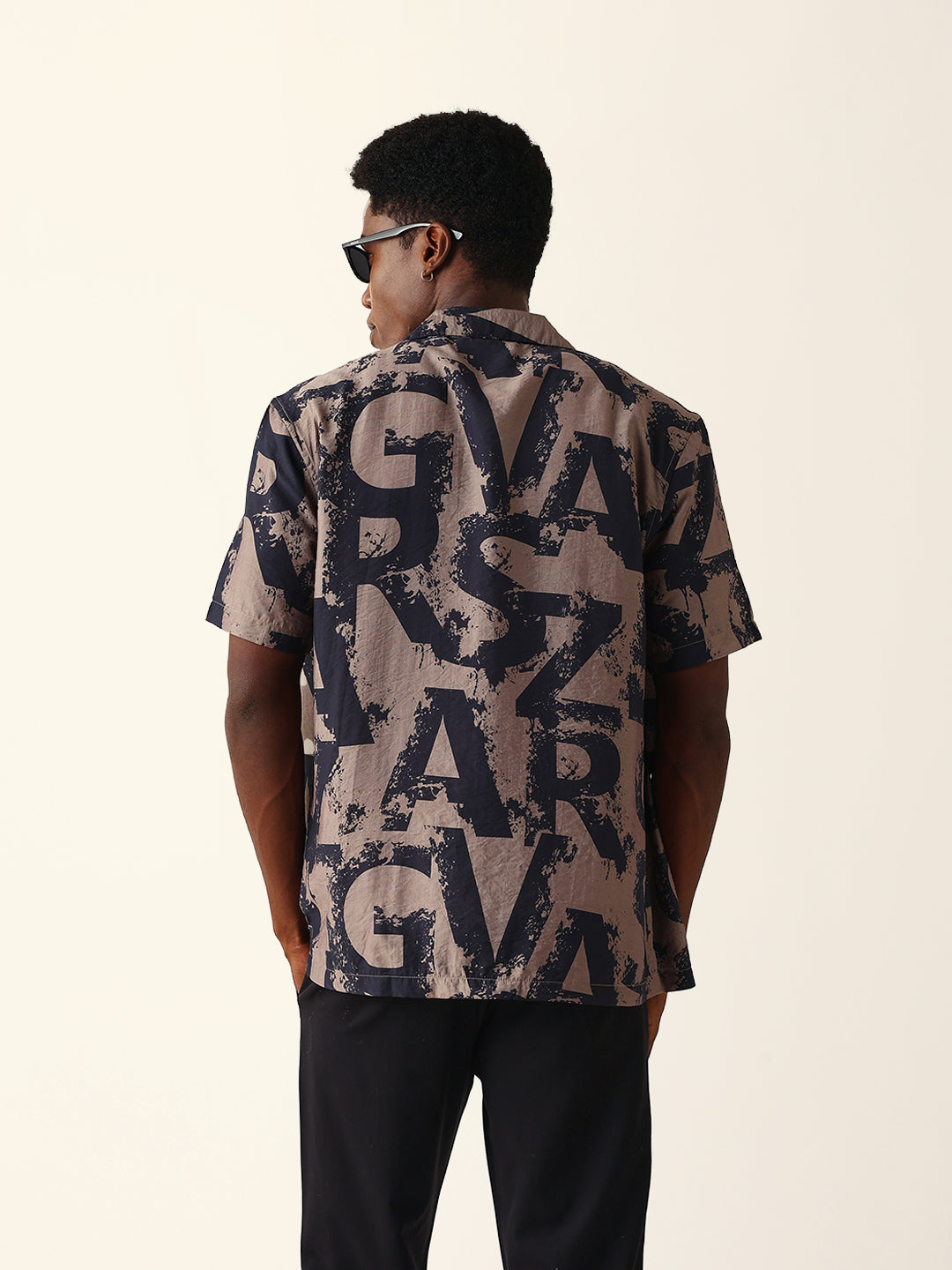 Black & Brown Bold Typographic Print Cuban Collar Relaxed Fit Casual Shirt