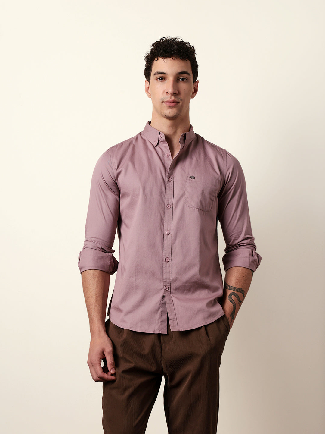Pink Solid Cotton Slim Fit Casual Shirt