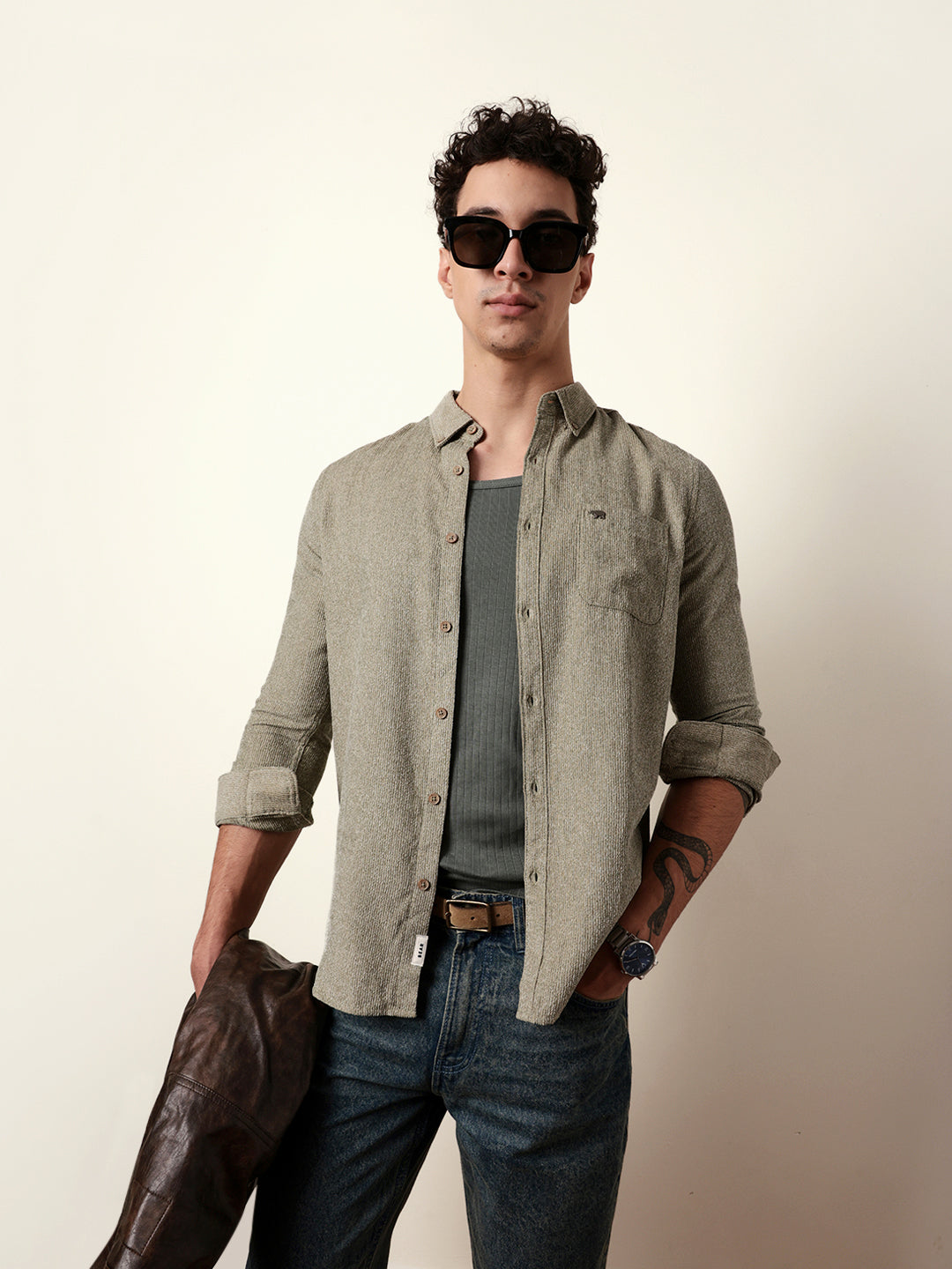 Olive Textured Woven Striped Slim Fit Casual Shirt