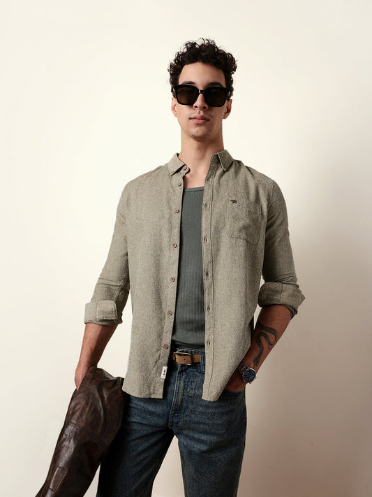 Olive Textured Woven Striped Slim Fit Casual Shirt
