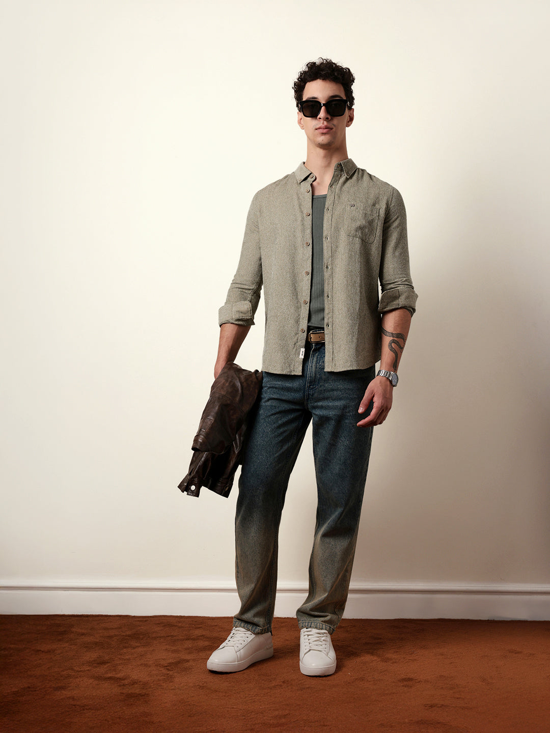 Olive Textured Woven Striped Slim Fit Casual Shirt