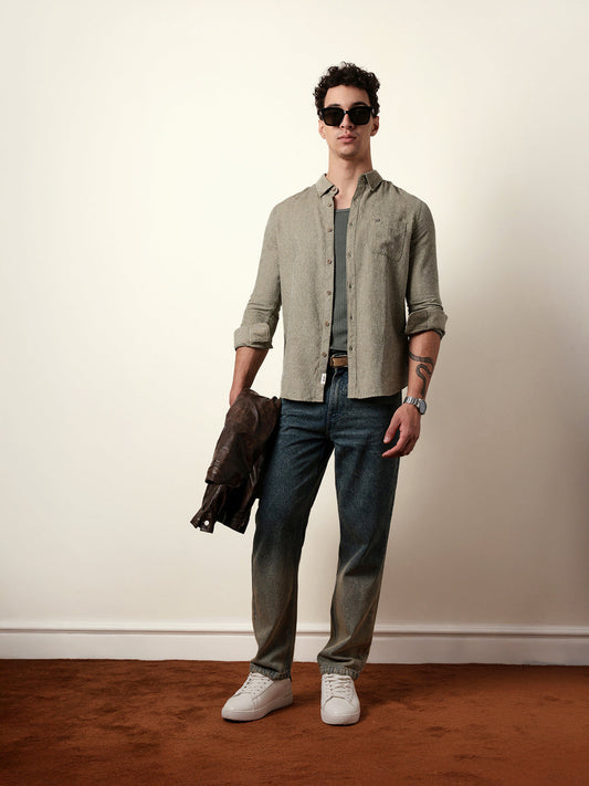 Olive Textured Woven Striped Slim Fit Casual Shirt
