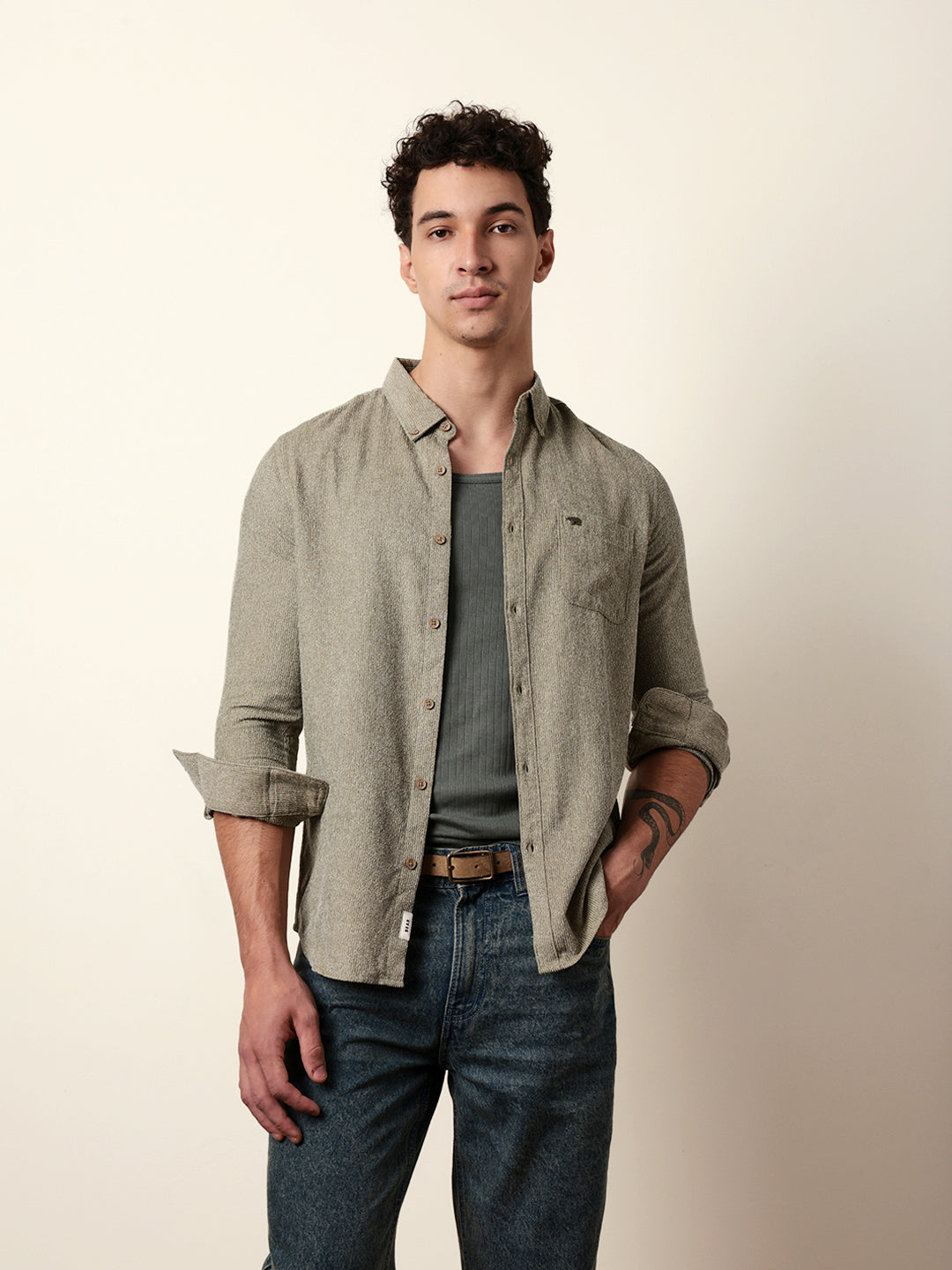 Olive Textured Woven Striped Slim Fit Casual Shirt